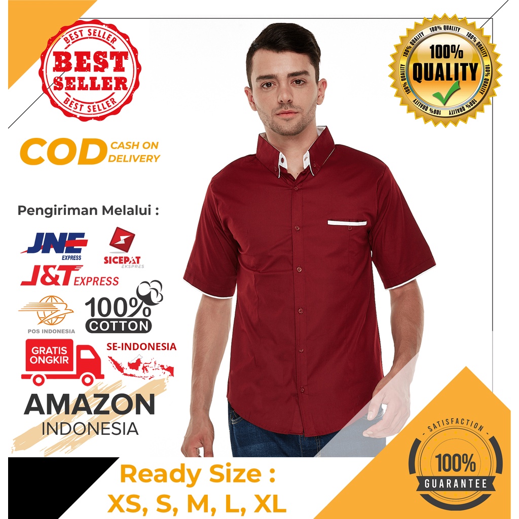 PAKAIAN HEM KEMEJA PRIA WARNA RED MERAH LENGAN PENDEK MODEL SLIM FIT BAHAN KATUN BISA MELAR LEMBUT