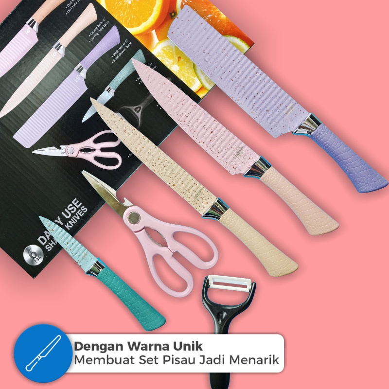 Pisau Set Stainless dilapis anti lengket 1 Set isi 6 termurah Pisau set lengkap Pisau Dapur Set 6 in 1 / Kitchen Knife Set 6 in 1 ISAU DAPUR STAINLESS PISAU SAYUR KUPAS BUAH Pisau Dapur Keramik Set 5in1 + Peeler