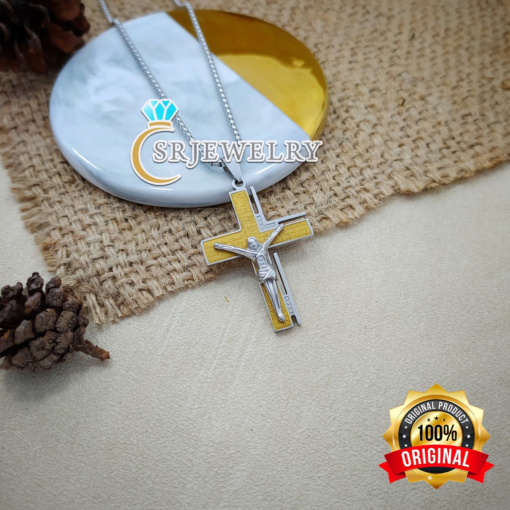 Kalung Salib Emas Kombi Perak Titanium / Aksesoris Cowok / Pria / Keren / Rantai 60 cm