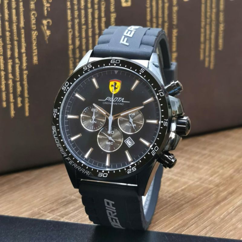 Jam Tangan Pria Ferrari Pilota Crono Aktif Tali Rubber Super Mewah - Jam Tangan Ferrari Tali Karet