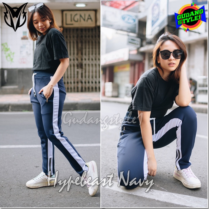 CELANA JOGGER PANTS SWEATPANTS TRACKPANTS HYPE HYPEBEAST NAVY | JOKER SERIES STREETWEAR BLACK WHITE ZIPPER DOUBLE LIST