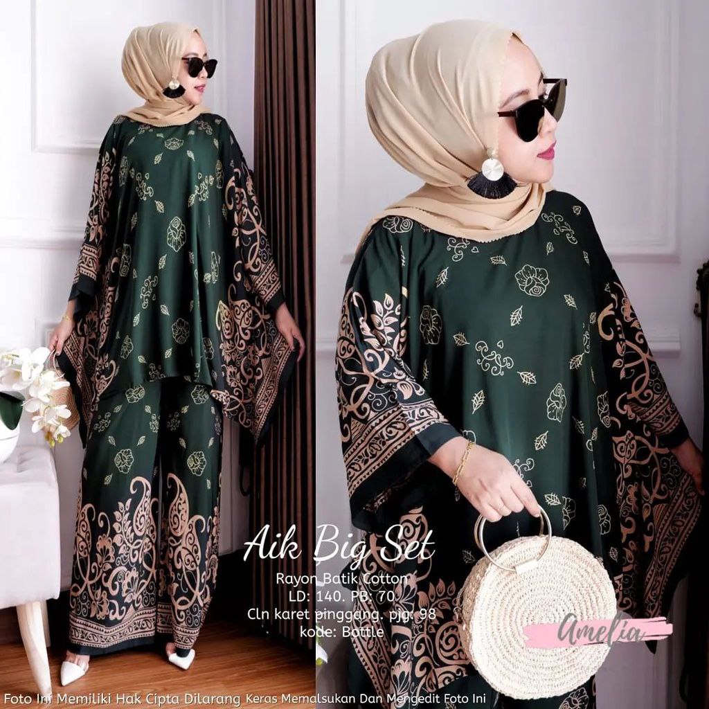 Daster Arab AIK BIG One Set Batwing Waka Waka Baju wanita Jumbo Setelan Celana Kulot Big Size Fashion Batik pakaian wanita set wanita-4