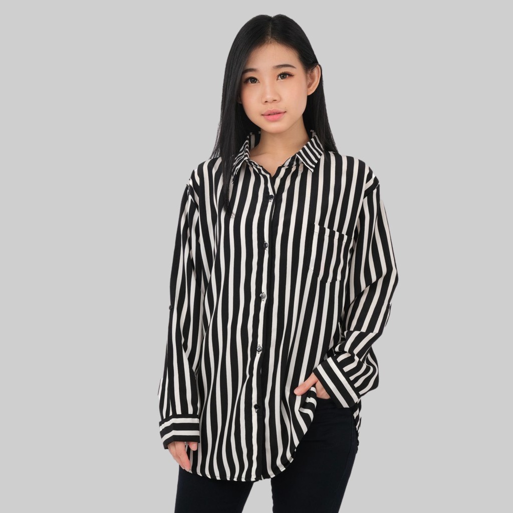 Monellina 06231 Kemeja Oversize Wanita Lengan Panjang Garis-1