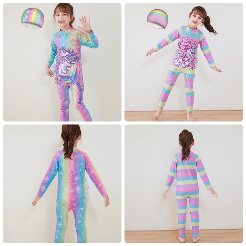 Baju renang anak muslim lengan panjang rainbow unicorn + topi import