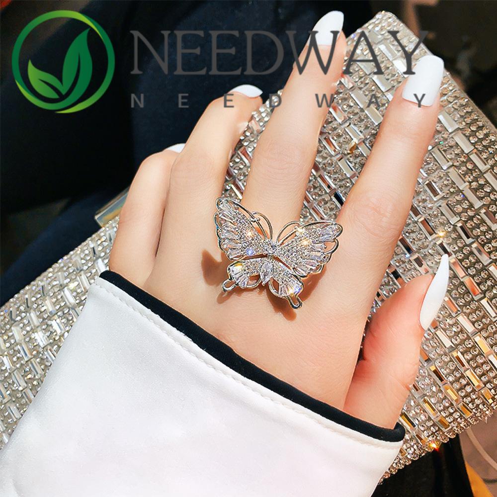 Cincin Jari Telunjuk Model Terbuka Desain Kupu-Kupu Bahan Tembaga Aksen Zirkon Warna-Warni Gaya Korea Untuk Wanita