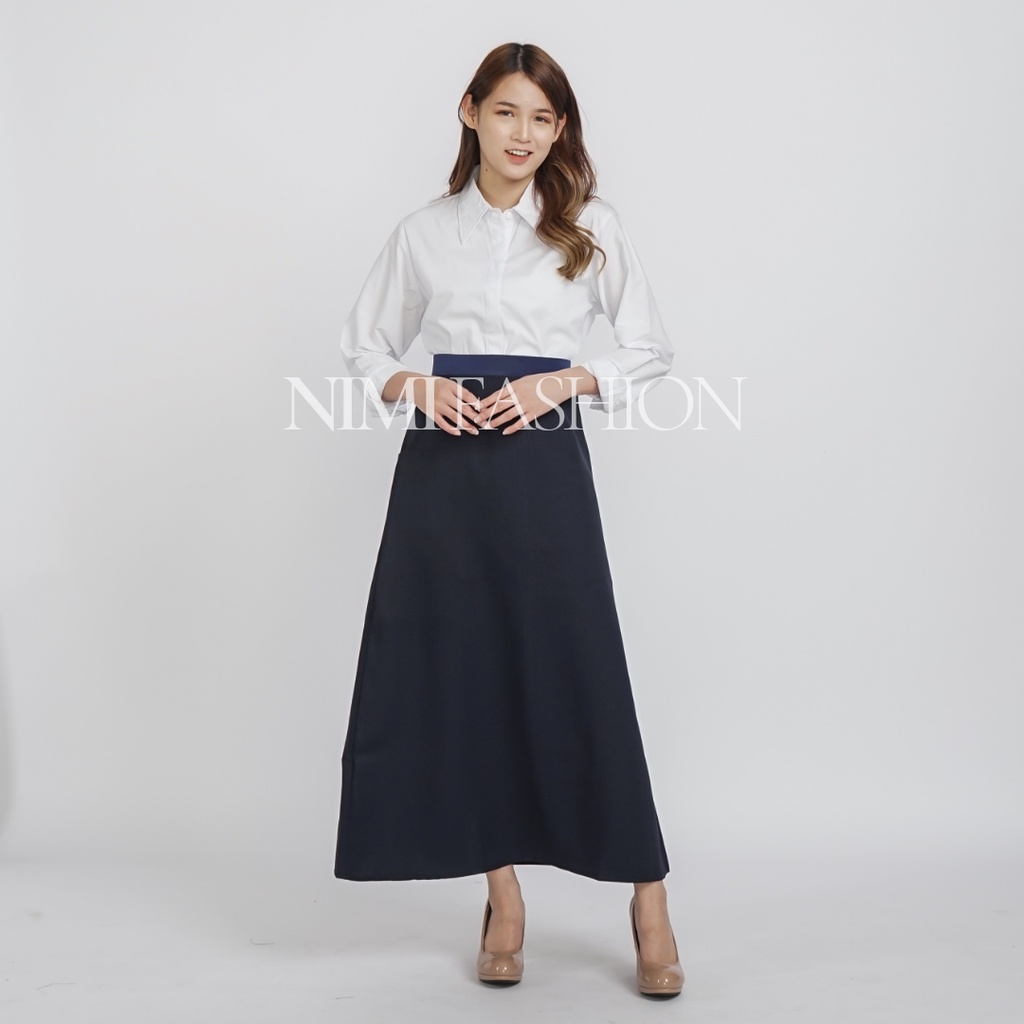 Rok Kerja Wanita Panjang Pinggang Karet Model A-line Formal Muslimah-7