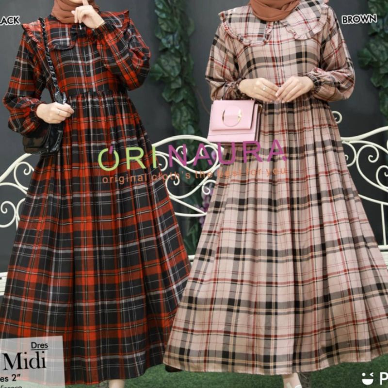 GAMIS MIDI DRESS KOTAK-KOTAK RAYON PREMIUM MURAH COD /GAMIS DRESS MIDI PAKAIAN WANITA MUSLIM