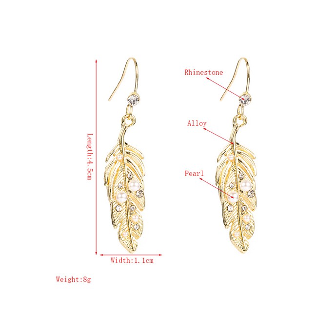 LRC Anting Gantung Fashion Golden Natural Pearl Leaf Alloy Diamond Earrings P59688