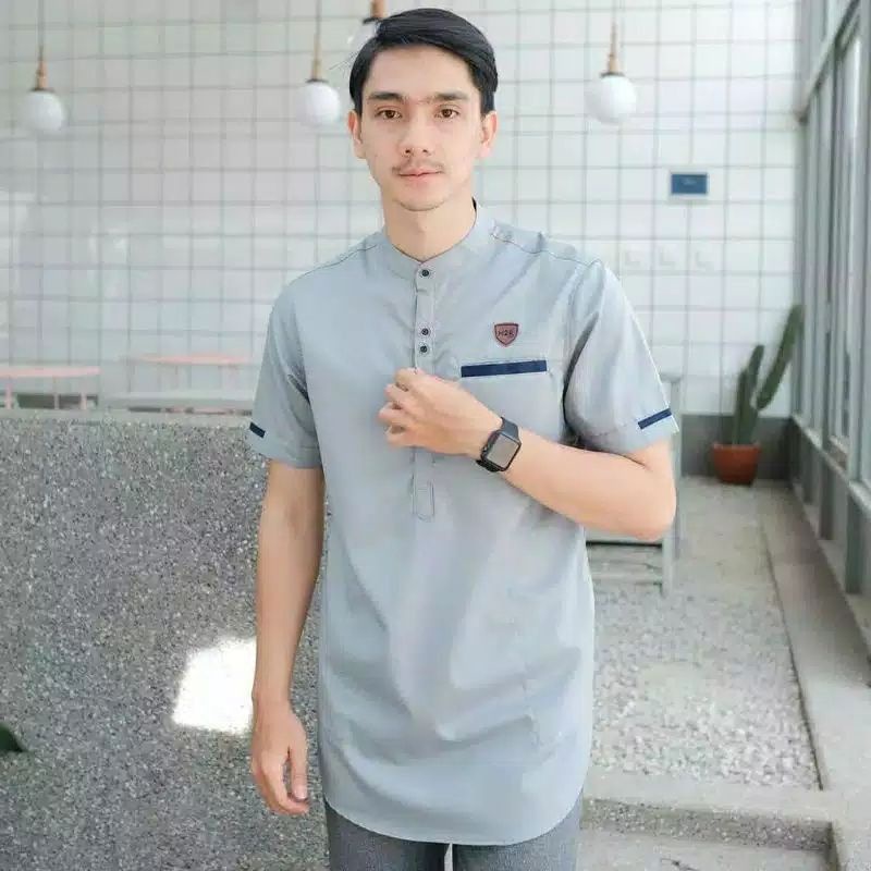 Baju Koko Kurta Dewasa Lengan Pendek Material Catton Adem Serap Keringat-TAJOL(ABU)