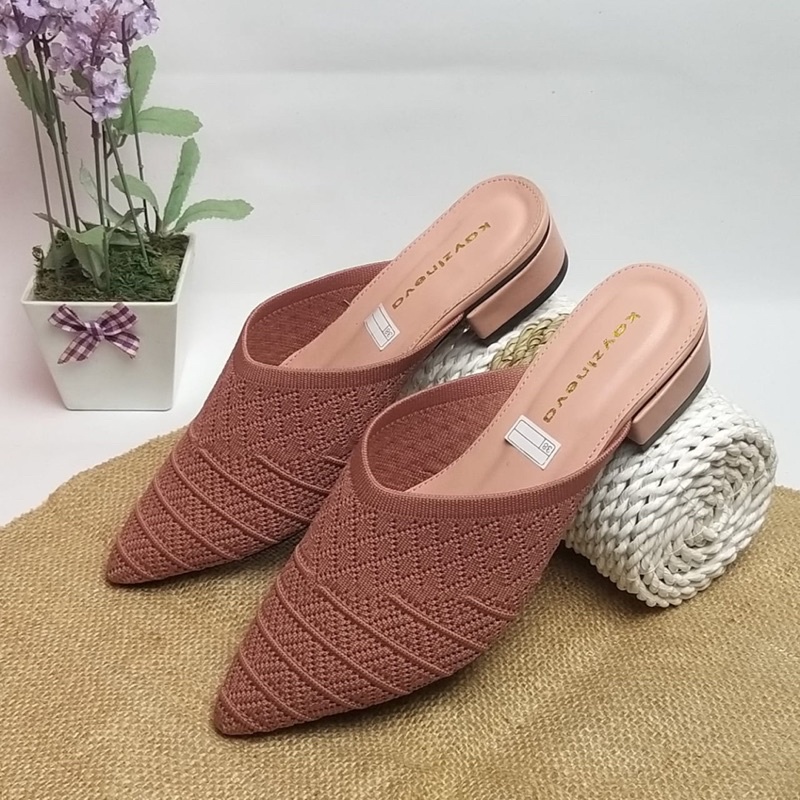 Kayzineva Sepatu Wanita Slip On Mules Rajut Import Hak 3cm