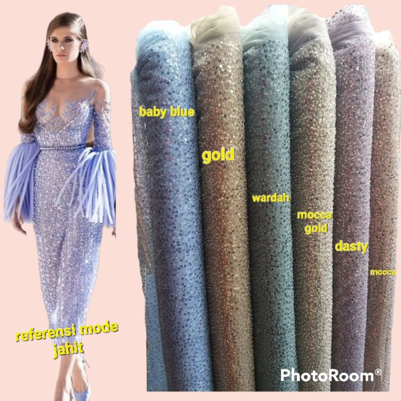 (COD) Bahan kain kebaya tulle korea full payet terbaru/bakal kebaya wanita payet mewahh