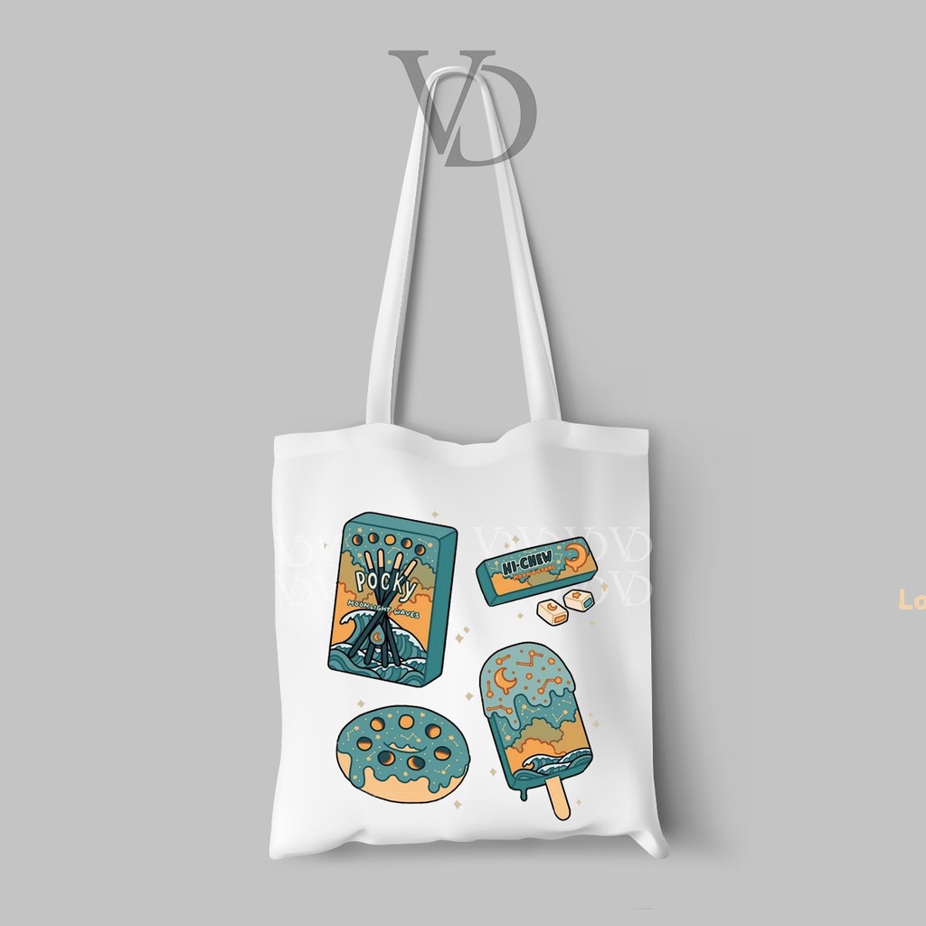 TOTE BAG BAHAN KANVAS MOTIF makanan snack foodies cute / korean TOTE BAG / TAS BELANJA korea