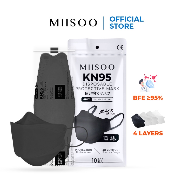 MIISOO Disposable Mask Per BOX EVO Hitam KN95 BFE 95% Masker Kesehatan wajah 4ply Facemask KF94 BNPB