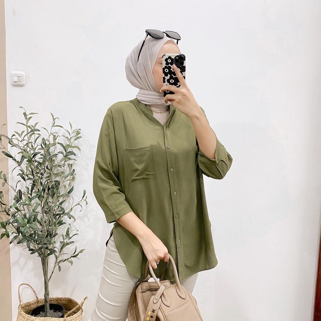 Daily Tunik Rayon Crinkle - Atasan Baju Kemeja wanita Oversize Polos Lengan Panjang Rayon Crinkle Ke