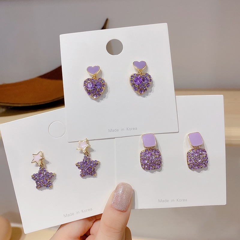 IFYOU Fashion Purple Crystal Earrings Sweet Girls Star Heart Stud Earrings Women Jewelry Accessories