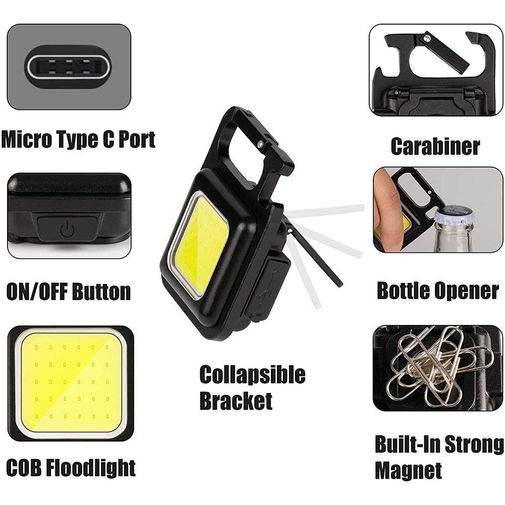 Lampu Senter COB Mini USB Rechargeable Multifungsi Portable Dengan Gantungan Kunci + Corkscrew