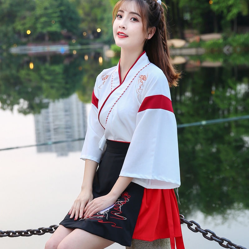 Improved Hanfu female student costume cat and cross collar suit lingmao two-piece embroidery everyda