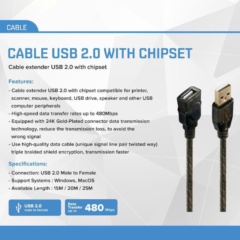 Cable usb A 2.0 Extension NB 25 meter 480Mbps active ic chipset adapter - Kabel usb2.0 male female 25m aktif