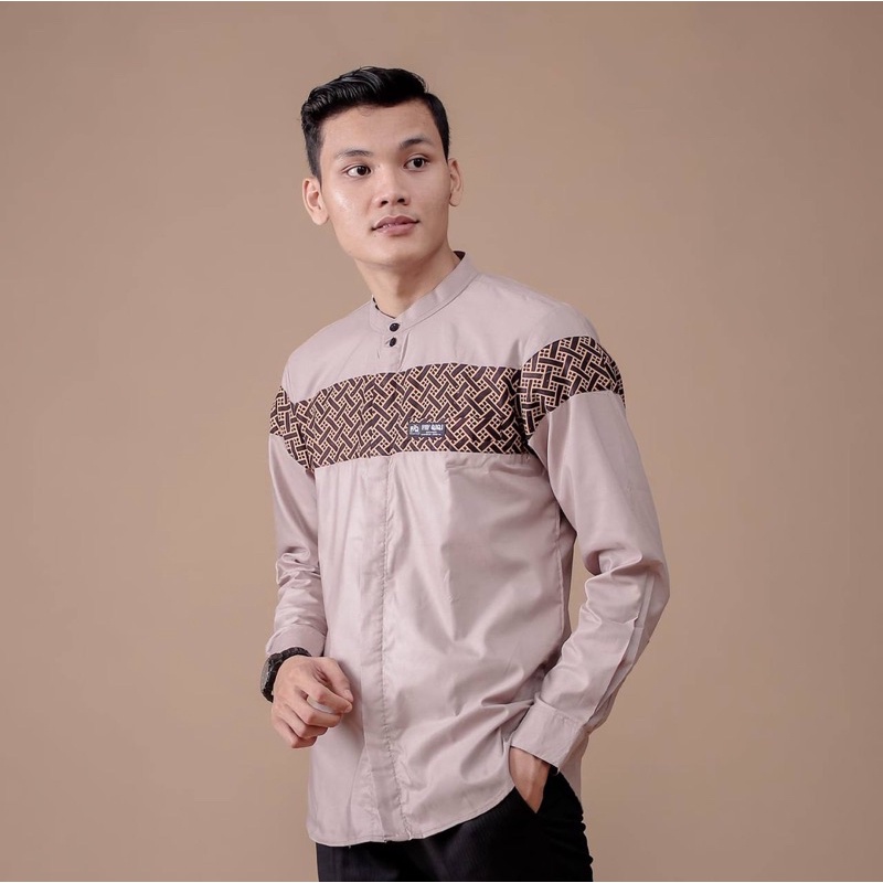 Baju Koko Pria Lengan Panjang Motif Kobata Kombinasi Batik Warna Coksu
