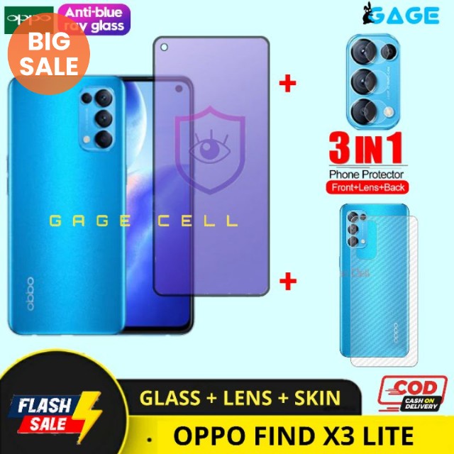 PAKET 3IN1- TEMPERED GLASS ANTI RADIASI BLUE LIGHT OPPO FIND X3 LITE FULL LAYAR SCREEN PROTECTOR