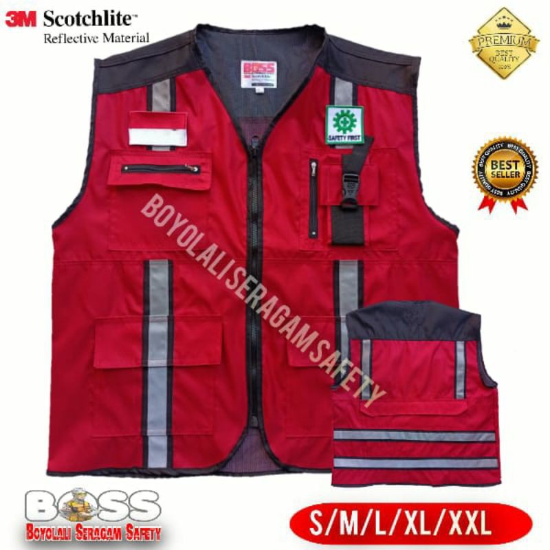 ROMPI SAFETY VEST HSE MERAH HITAM-ROMPI SAFETY BAHAN DRILL 3M SCOTLITE-SAFETY VEST HSE