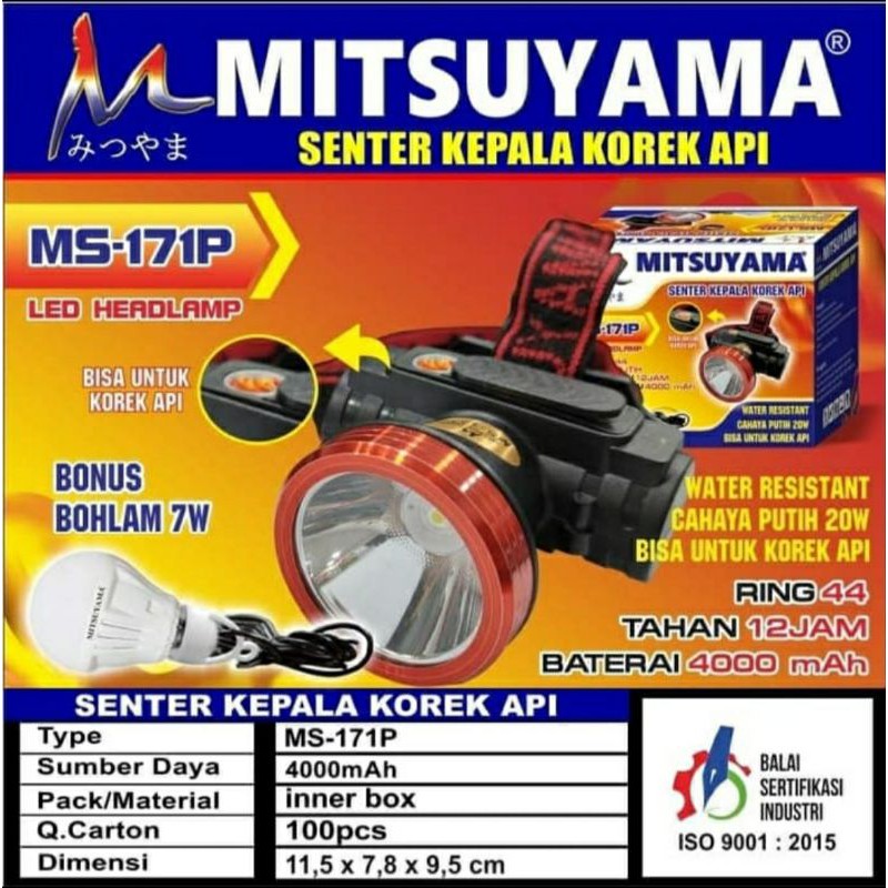 Senter Kepala Korek Api Mitsuyama MS - 171P / Head Lamp Bonus Bohlam 7 Watt