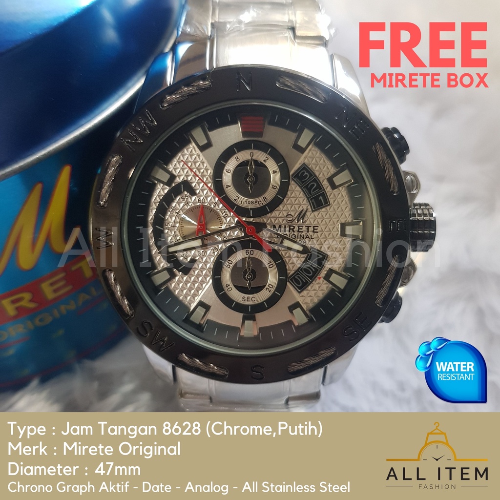 Jam Tangan Chrono Rantai MIRETE 8628 / Jam Tangan Pria Anti Air ORI / Arloji / Watches (FREE BOX)