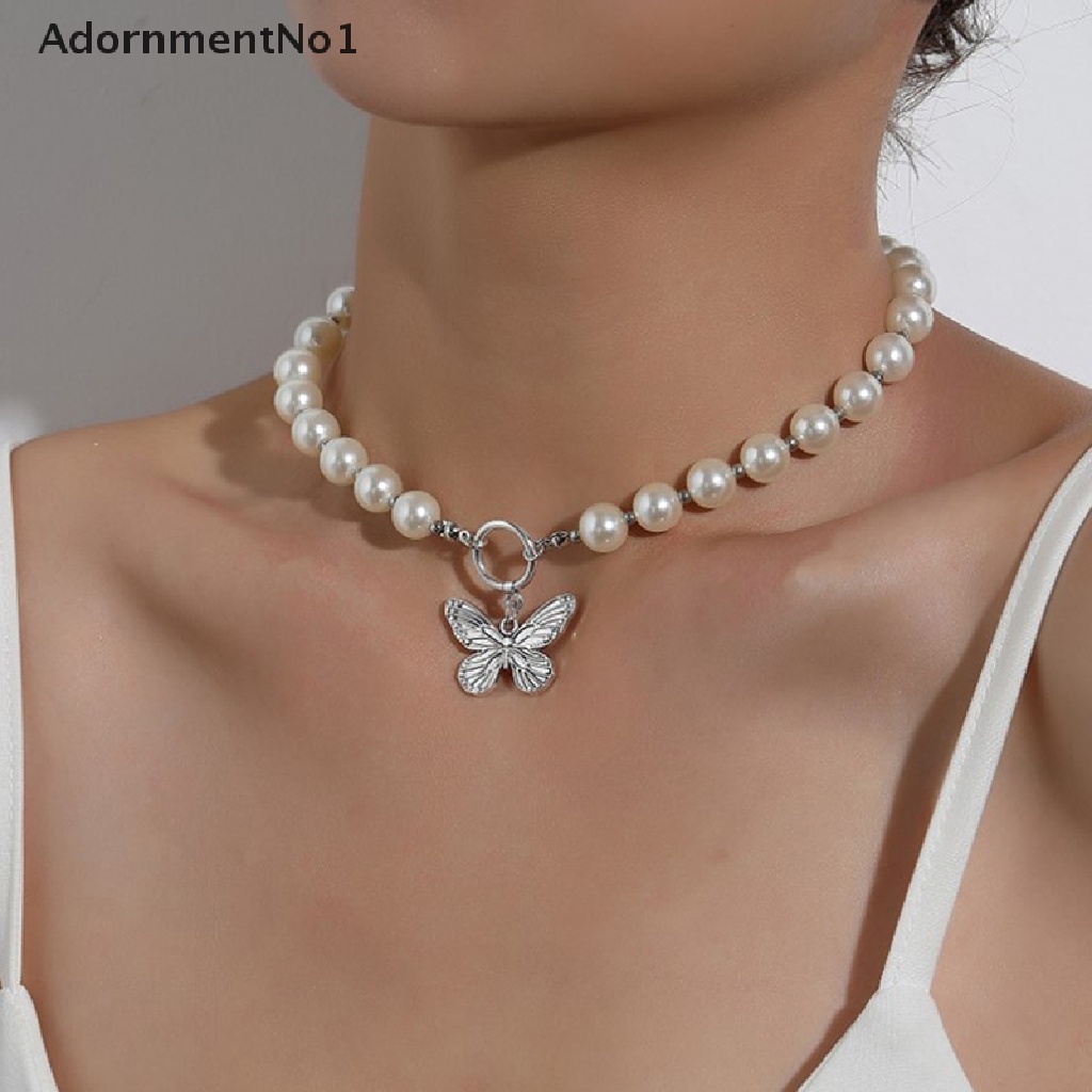 (AdornmentNo1) 1pc Kalung Rantai Dengan Liontin Kupu-Kupu + Mutiara Untuk Wanita