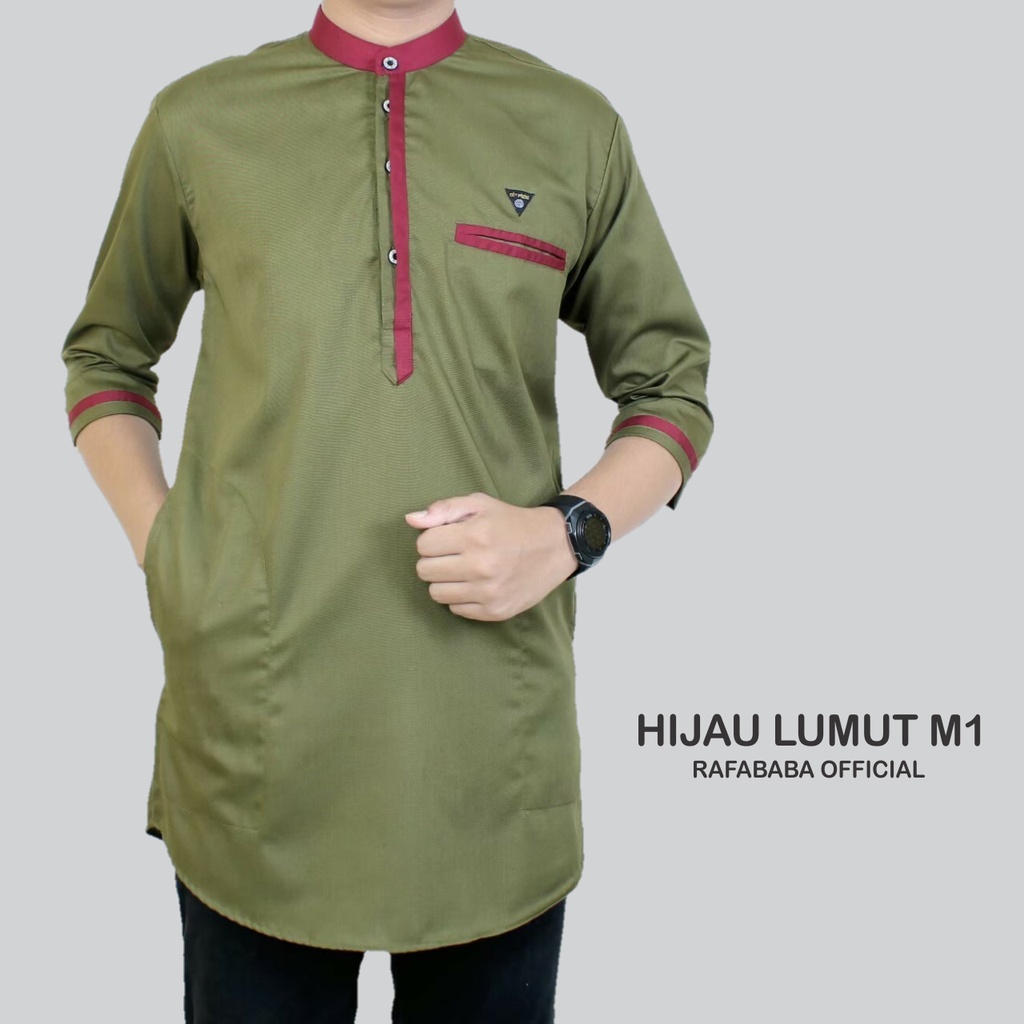 Koko Ikhwan Dewasa Kurta Ayah Pakistan Premium Bahan Toyobo Warna Hijau Lumut List Merah Lengan 3/4