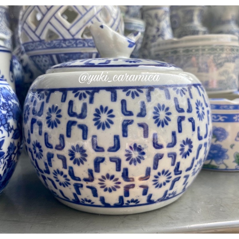 toples mini / toples keramik biru putih / toples burung