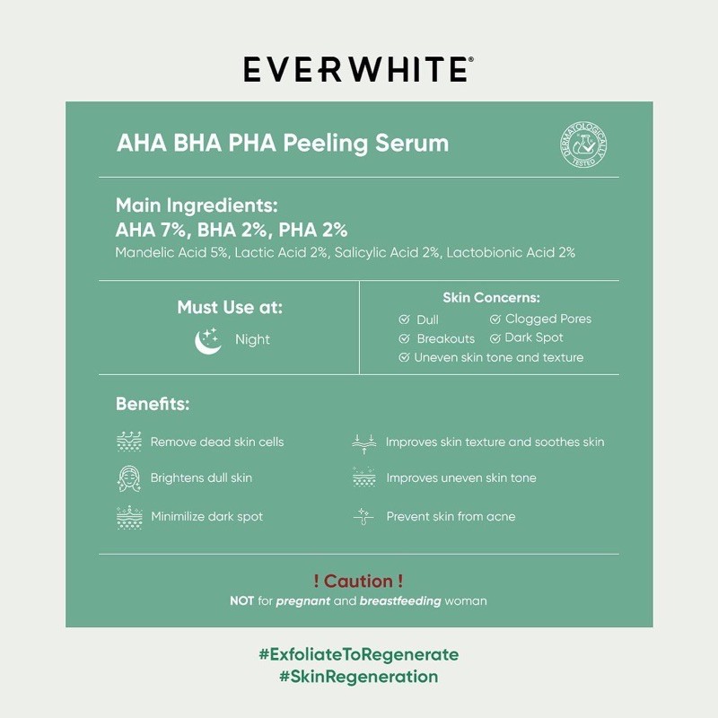 EVERWHITE AHA BHA PHA Peeling Serum Indonesia / Cica Soothing Essence Toner / Niacinamide Peptide