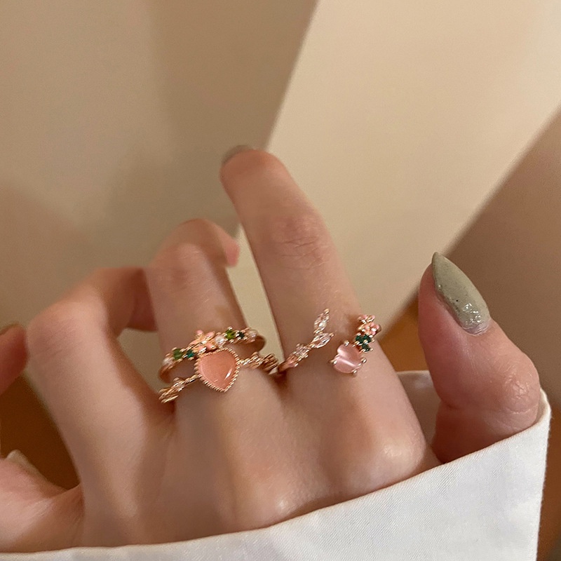 Cincin Model Terbuka Desain Hati Ganda Opal Warna Pink Untuk Wanita