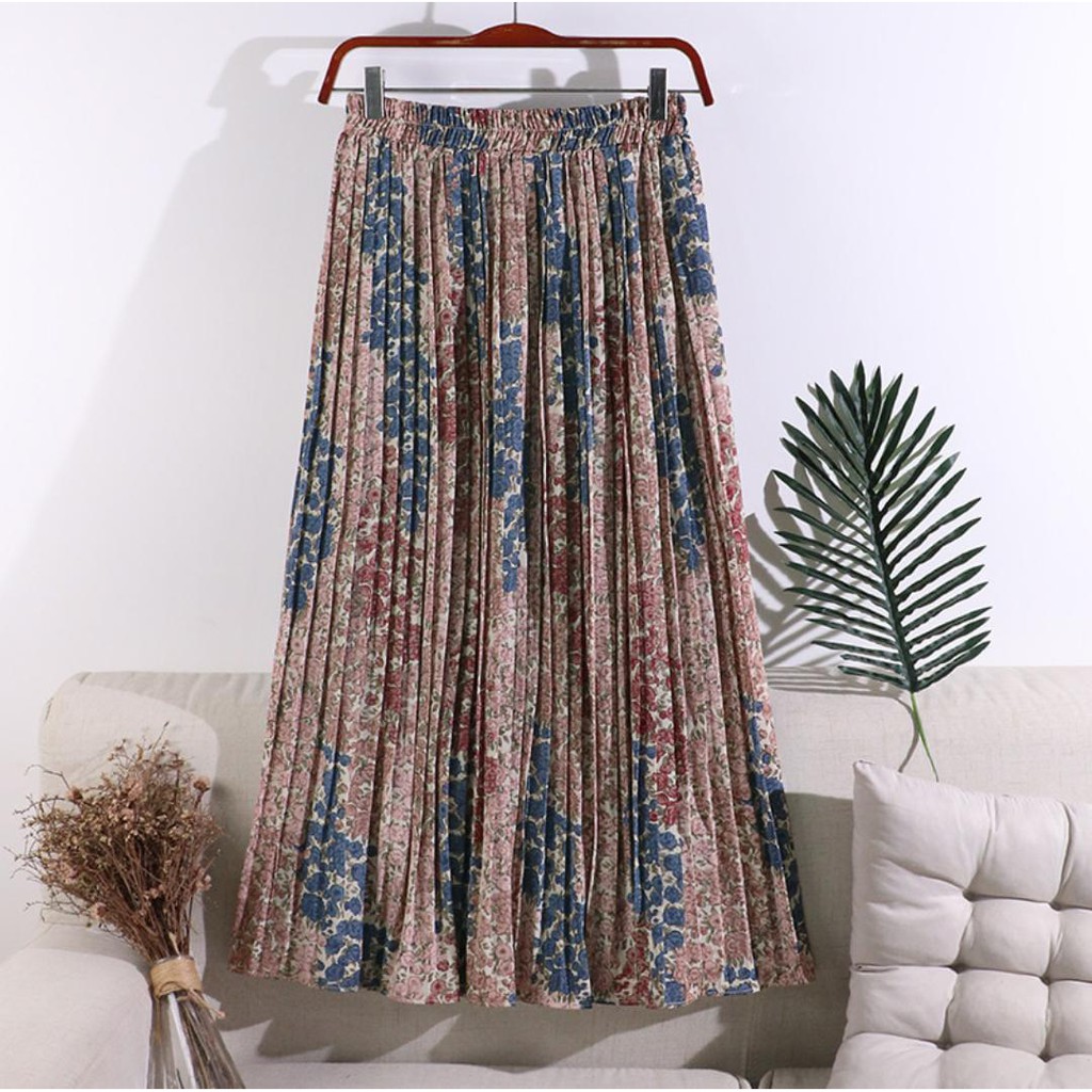 Rok Plisket Prisket / Rok Import / Rok Bunga / Maxi Skirt Motif Lucu Floral Bunga Vintage