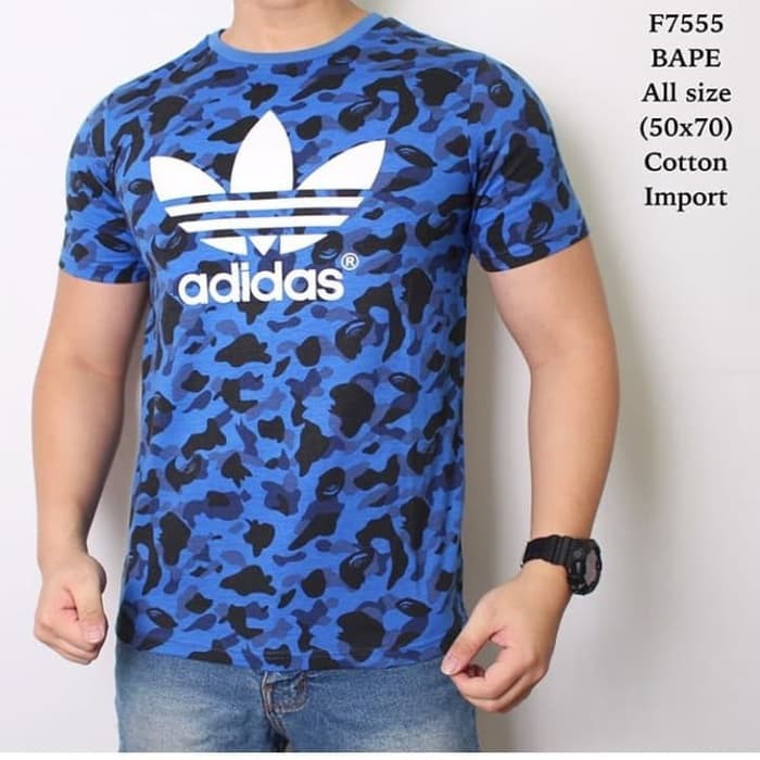 Jual F 7555 Kaos Pria Adidas Bape Biru Army Lengan Pendek Diskon