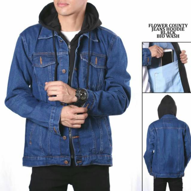 Jaket Jeans Hoodie Double Sletting - Jaket Jeans Pria- Jaket Motor