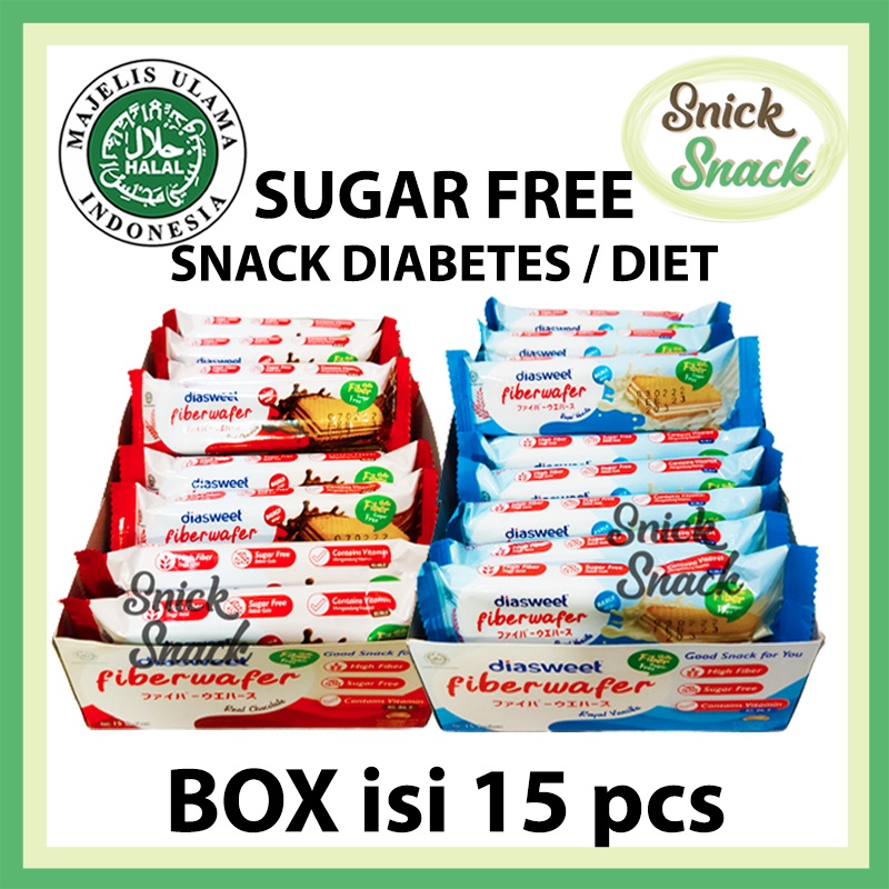 

Wafer Sugar Free Snack Diabetes Diasweet Fiber wafer Box isi 15 pcs Rendah Kalori Kaya Serat Fibre Rasa Vanilla Coklat