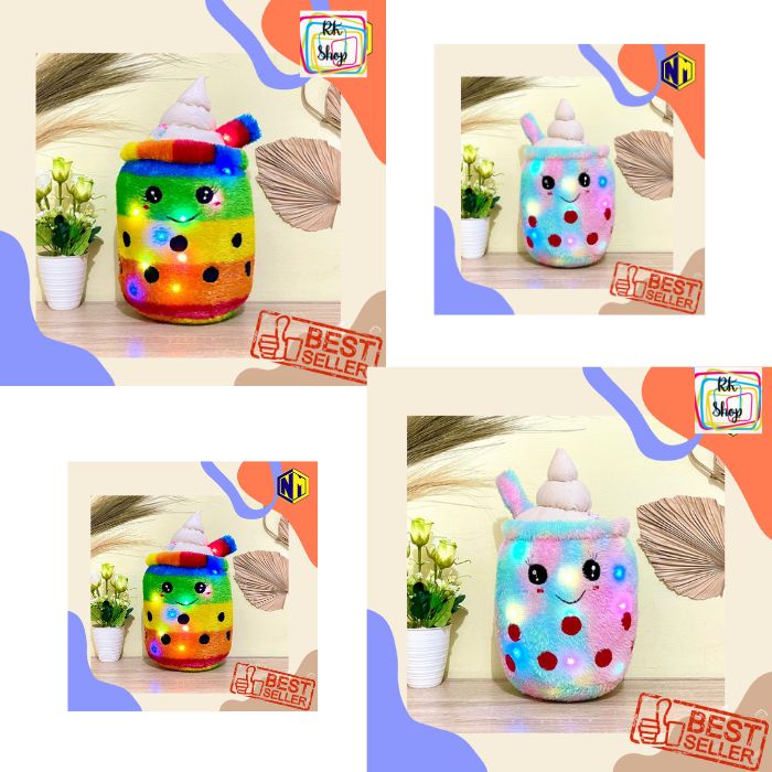 Boneka Boba Ice Cream LED Bahan Bulu Rasfur Motif Boba Es Krim LED