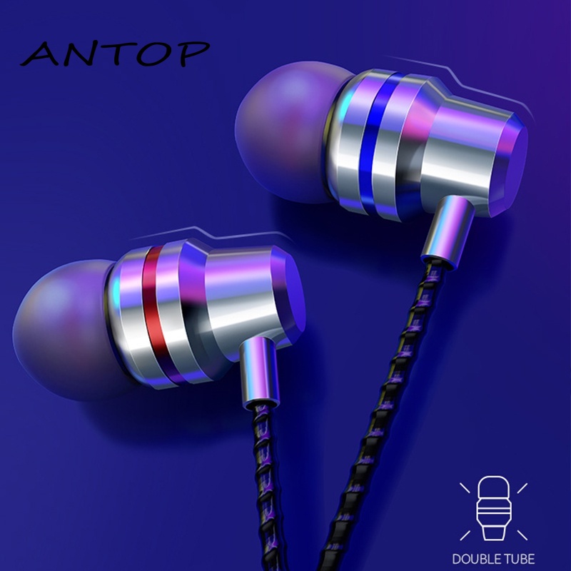 Super Bass Metal Headset Bass Stereo Earphone Headphone Kabel Dengan Mic Telepon Universal ANTOP