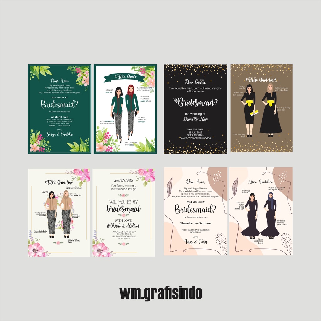 Cetak Bridesmaid Card Kartu Bridesmaid Attire Guide Bridal / Groomsman Dress Custom Desain Free