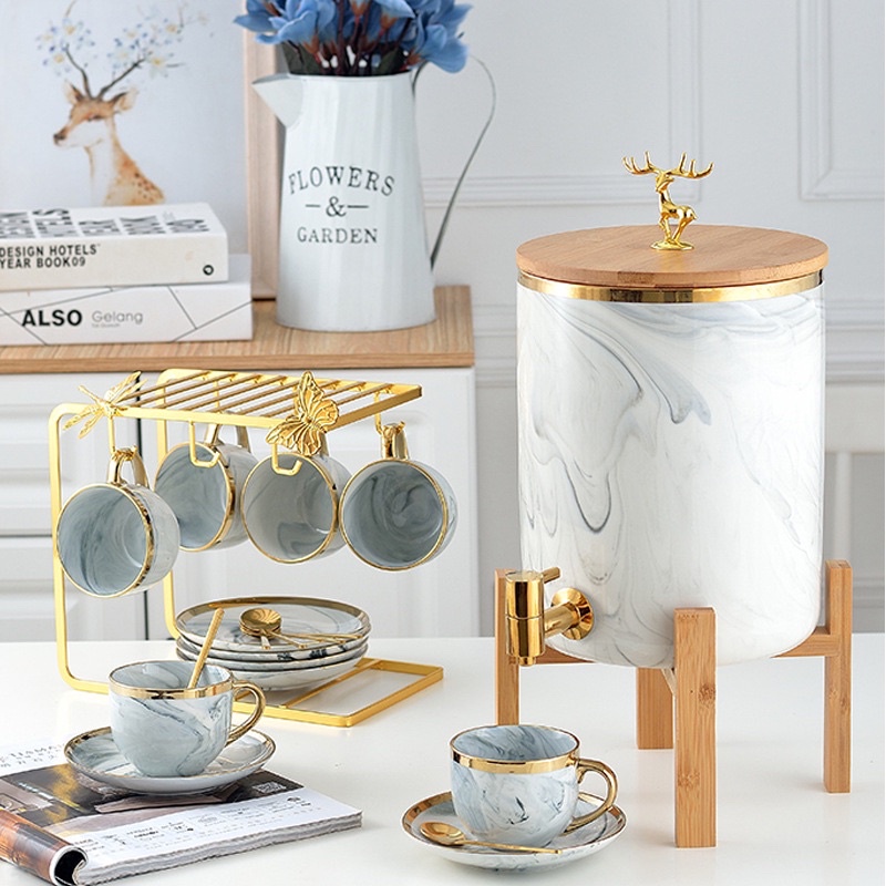 Cangkir Teko Set isi 6 / Cangkir set + teko marble abu paket cangkir teh keramik dengan hanger