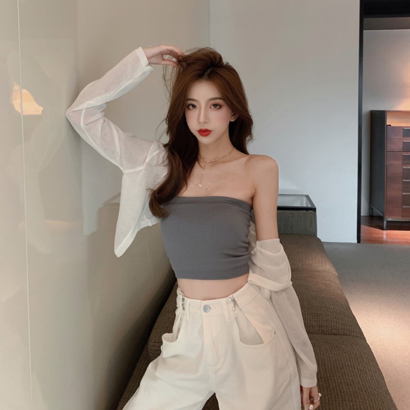 Tanktop 16 tank top atasan crop kemben strapless bra pakaian wanita rib knit dengan cup multiway-1