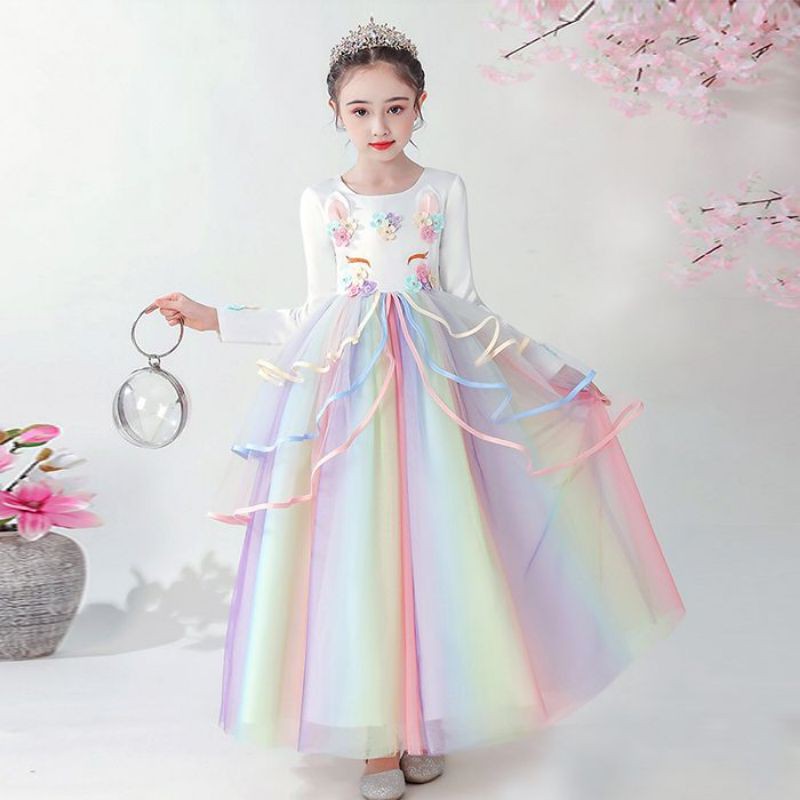 Dress Gaun Pesta Ulang Tahun Anak Unicorn Import Putih Panjang