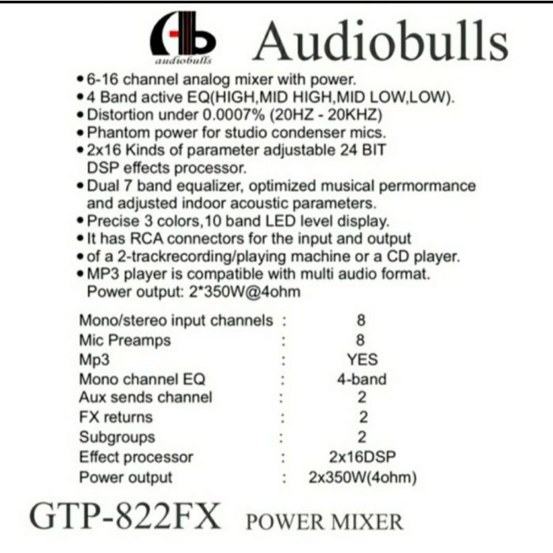 Power Mixer Audio AB Audiobulls GTP-822FX PREMIUM Quality Original