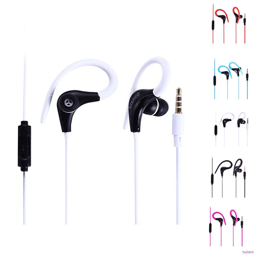 Headset Earphone Kait Telinga Sport Stereo Dengan Mic + Kabel Jack 3.5mm Untuk Smartphone Huiteni