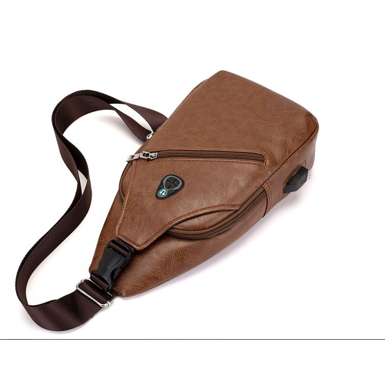 Tas Selempang Kulit Pria Import USB Port Slempang Chest Bag Sling bag