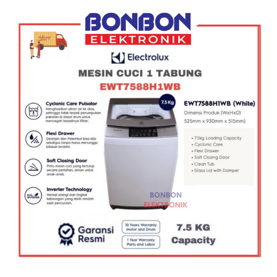 Electrolux Mesin Cuci 1 Tabung 7.5KG EWT7588H1WB / EWT7588H