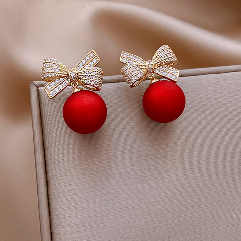 Fashion Crystal Bow Knot Stud Earrings for Women Pearl Cherry  Rhinestone Red Earring Girls Party Christmas Jewelry Gifts