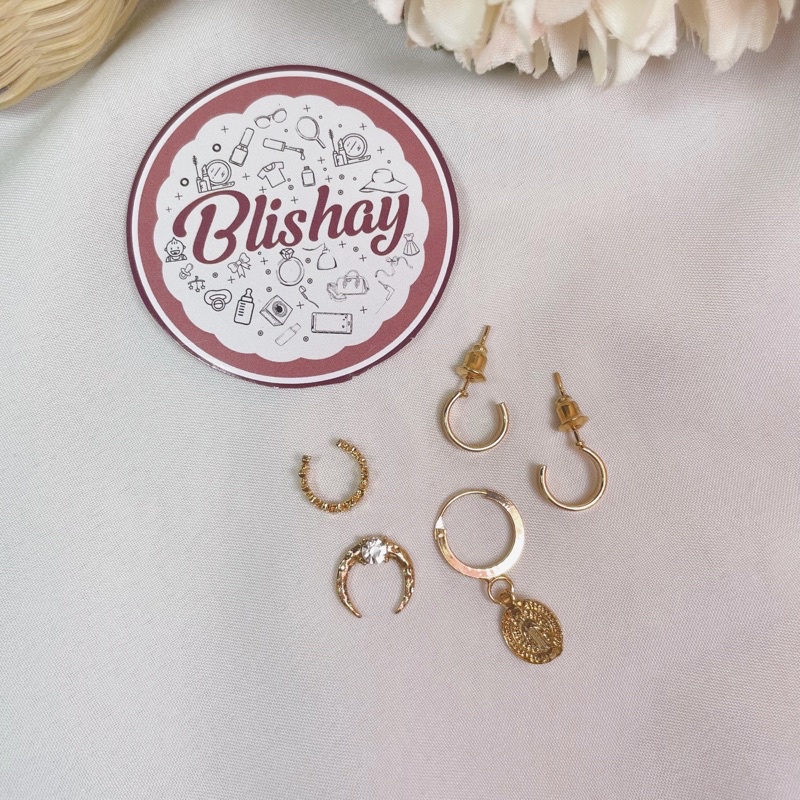 Aksesoris Anting Anting Jepit Emas Wanita / Earring Piercing Gold Cantik 1set 5 Pcs / Tindik Telinga
