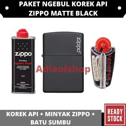 PAKET NGEBUL - KOREK API ZIPPO MATTE PINK LOGO + MINYAK ZIPPO 125ML + BATU SUMBU