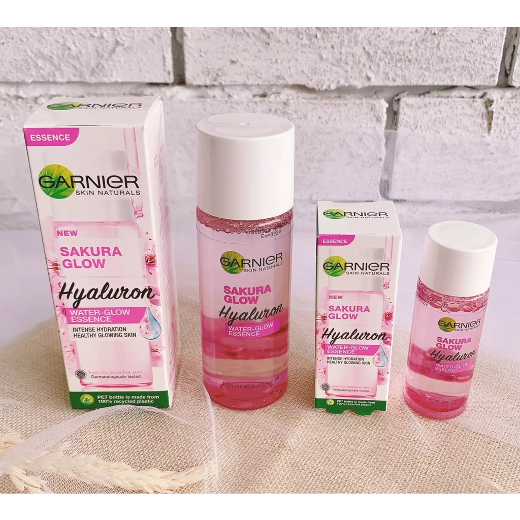 Garnier ESSENCE SAKURA Glow White Hyaluron WATER GLOW / PINKISH RADIANCE Essence Lotion - 100ml / 30ml - Skincare Kulit Glowing White - Ukuran Besar Kecil Hyaluronic Acid Garnier Pink Toner Hydrating Pinkis Esence Esens Essens Essen